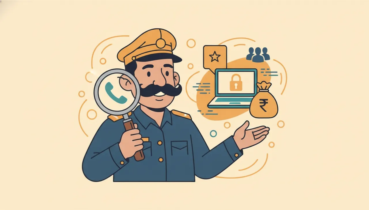एक बुजुर्ग व्यक्ति फोन पर परेशान दिख रहा है, पीछे पुलिस की वर्दी में एक शख्स।