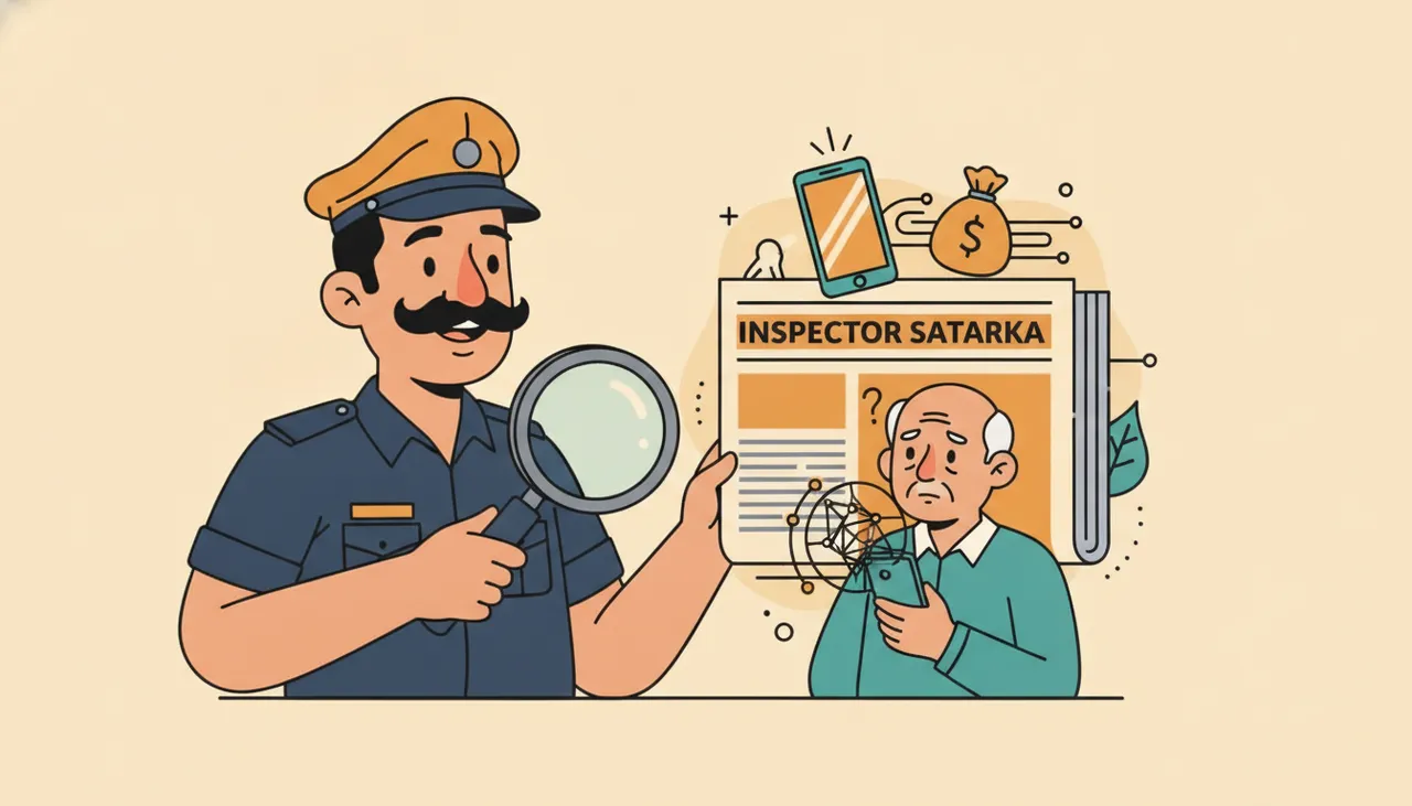 एक बुजुर्ग व्यक्ति फोन पर परेशान दिख रहा है, उसके पीछे पुलिस के बिल्ले वाला व्यक्ति।