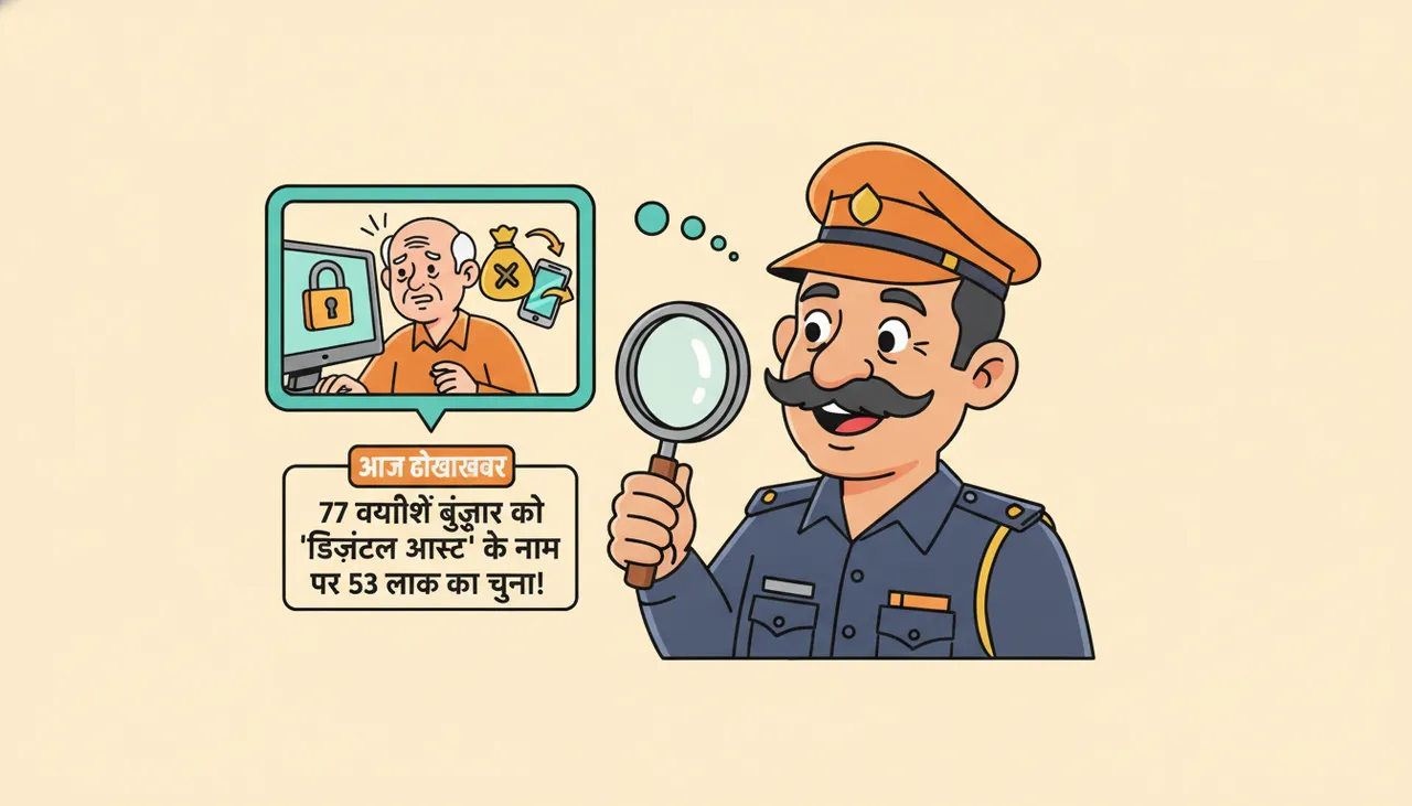 एक बुजुर्ग व्यक्ति फोन पर परेशान दिख रहा है, उसके पीछे पुलिस की वर्दी में ठग का चेहरा।