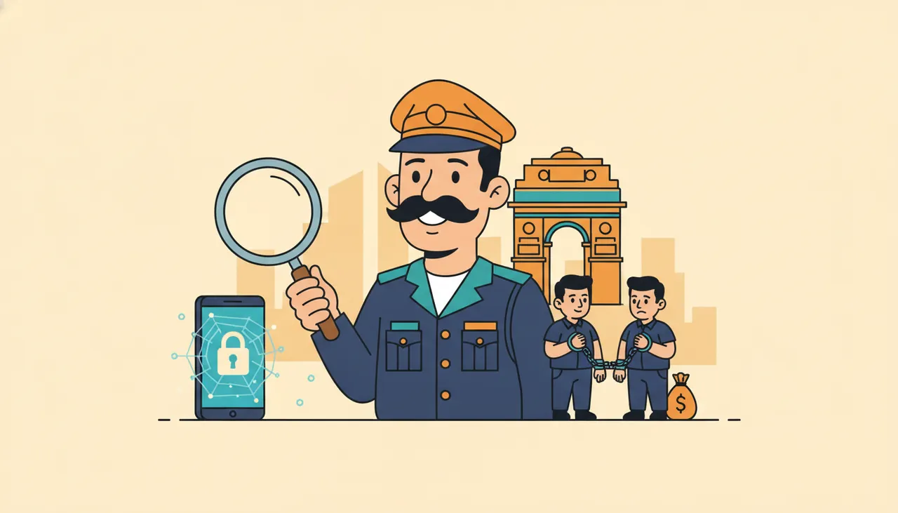 एक व्यक्ति डरे हुए चेहरे के साथ फोन पर बात कर रहा है, पीछे पुलिस का लोगो और कंप्यूटर स्क्रीन दिख रही है।