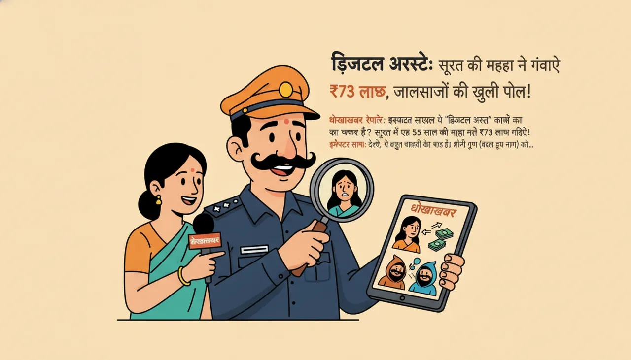 एक महिला फोन पर बात कर रही है, पीछे पुलिस अधिकारी और पैसों का ढेर है, जो डिजिटल अरेस्ट धोखाधड़ी दिखा रहा है।