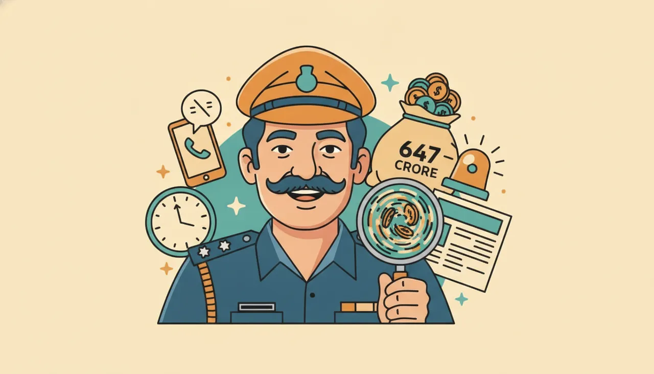 एक व्यक्ति फोन पर डरा हुआ दिख रहा है, उसके पीछे पुलिस बैज और हथकड़ी की परछाई है।