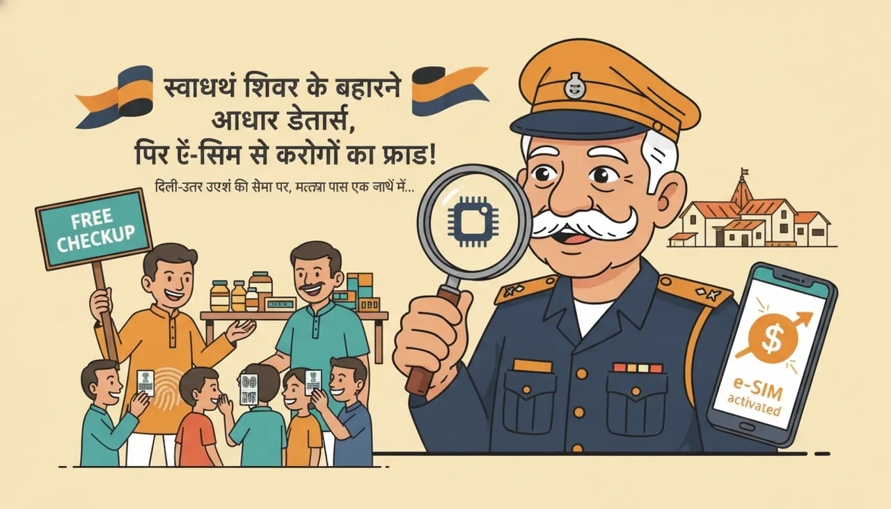 नकली स्वास्थ्य शिविर में आधार कार्ड और उंगलियों के निशान लेते हुए जालसाज़।